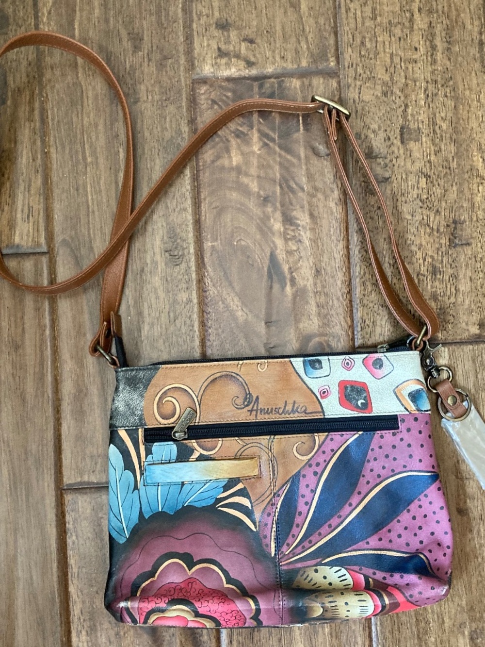 Anuschka Handpainted Leather Medium Cross Body Bag Flower